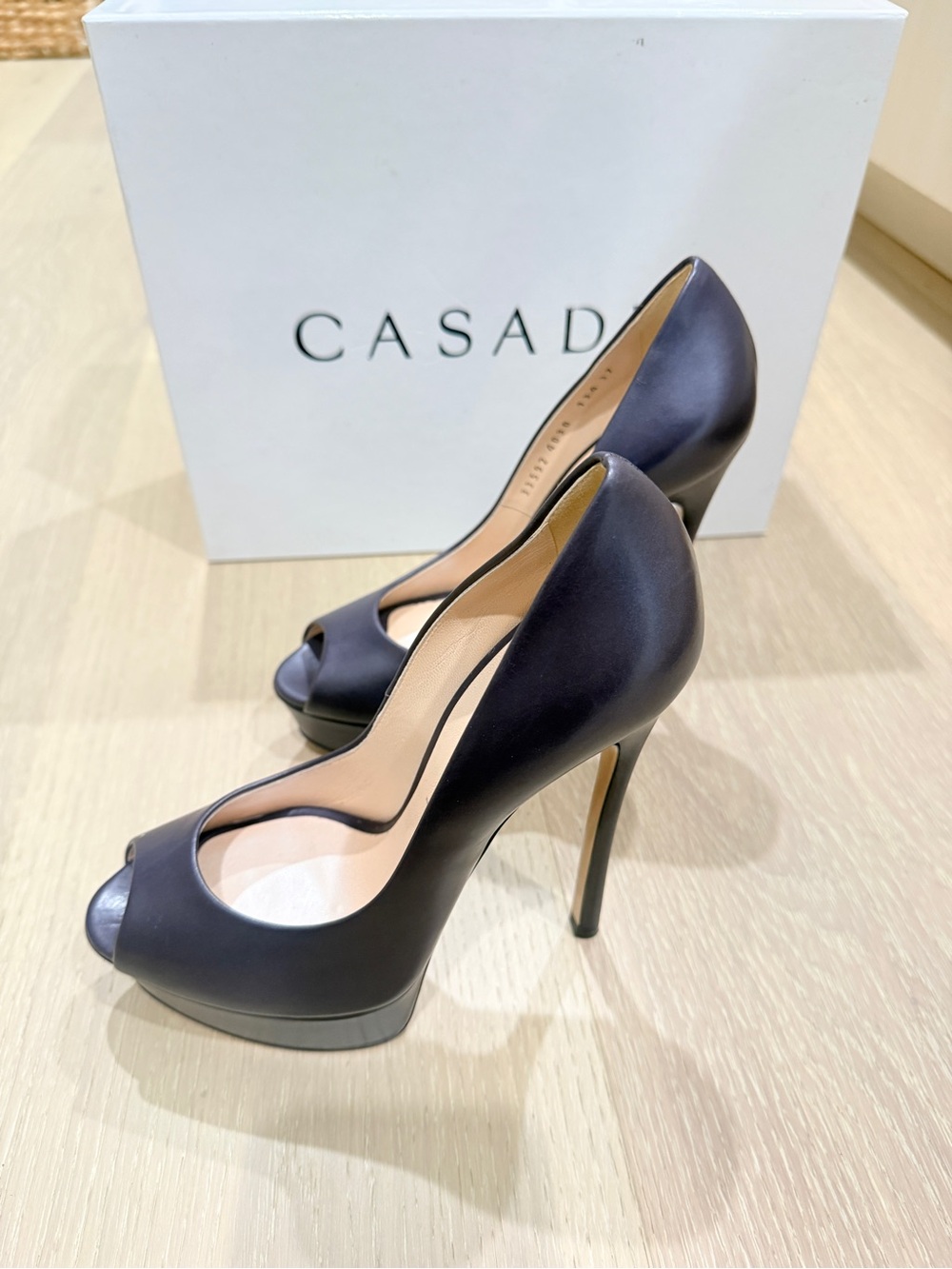 Casadei Dark Eggplant Leather Peep Toe Platform Stiletto Pumps